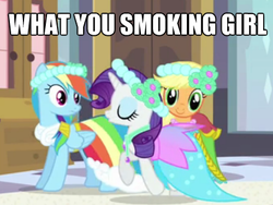 Size: 418x315 | Tagged: safe, applejack, rainbow dash, rarity, friendship is witchcraft, g4, beautiful, bridesmaid applejack, bridesmaid dash, bridesmaid dress, bridesmaid rarity, clothes, dress, foaly matripony, gown, image macro, reaction image
