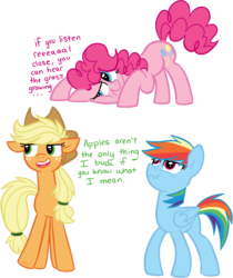 Size: 643x764 | Tagged: safe, artist:deerspit, applejack, pinkie pie, rainbow dash, g4, dialogue, if you know what i mean, scrunchy face, simple background, sketch dump, transparent background