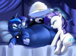 Size: 1280x959 | Tagged: safe, artist:trinity-fate62, princess luna, rarity, alicorn, pony, unicorn, bed, bedroom eyes, belly, cake, chubby, eye contact, fat, fat princess, feedee, feeder, feeding, female, impossibly large butt, magic, mare, on side, open mouth, pillow, princess moonpig, sitting, smiling, telekinesis, weight gain