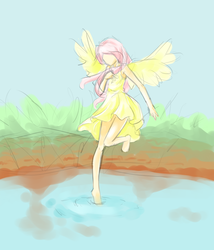 Size: 4320x5040 | Tagged: safe, artist:meikokoro, fluttershy, human, g4, absurd resolution, clothes, dress, female, flattershy, flying, humanized, skinny, solo, thin, water, winged humanization
