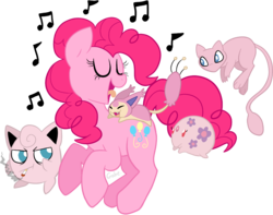 Size: 942x741 | Tagged: safe, artist:deerspit, pinkie pie, earth pony, jigglypuff, mew, munna, pony, skitty, g4, cigarette, crossover, eyes closed, female, happy, mare, music notes, open mouth, pink, pokémon, simple background, singing, smoking, tongue out, transparent background
