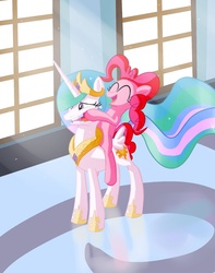 Size: 1297x1649 | Tagged: safe, artist:cgeta, pinkie pie, princess celestia, g4, duo, pinkie pie riding celestia, ponies riding ponies, riding, smiling