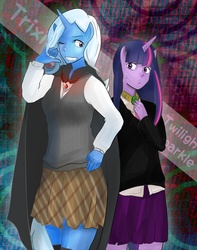 Size: 984x1250 | Tagged: safe, artist:chikca_rosio, trixie, twilight sparkle, anthro, g4, alicorn amulet, female, human facial structure, lesbian, pixiv, ship:twixie, shipping