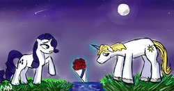 Size: 900x475 | Tagged: safe, artist:proudlyawesome, prince blueblood, rarity, g4, female, male, rose, ship:rariblood, shipping, straight