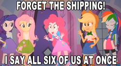 Size: 631x344 | Tagged: safe, edit, edited screencap, screencap, applejack, fluttershy, pinkie pie, rainbow dash, rarity, equestria girls, g4, my little pony equestria girls, caption, female, image macro, lesbian, meme, omniship, pinkie has a crazy idea, pinkie pie gets all the mares, polyamory, shipping, text