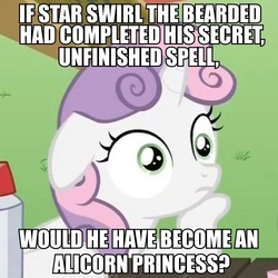 Size: 500x500 | Tagged: safe, edit, edited screencap, screencap, star swirl the bearded, sweetie belle, alicorn, pony, g4, ponyville confidential, female, image macro, impact font, meme, solo, sudden clarity sweetie belle, sweetiedumb, text, theory