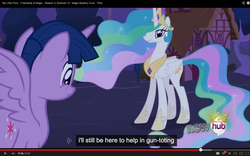 Size: 1280x800 | Tagged: safe, artist:transcribedmlp, screencap, princess celestia, twilight sparkle, alicorn, pony, g4, magical mystery cure, female, mare, twilight sparkle (alicorn), youtube caption