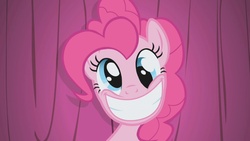 Size: 1280x720 | Tagged: safe, screencap, pinkie pie, earth pony, pony, g4, season 1, the ticket master, big grin, derp, female, grin, mare, pinkie pie is best facemaker, s1, smiling, solo, wall eyed