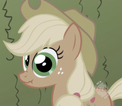 Size: 680x591 | Tagged: safe, edit, applejack, g4, female, hub logo, liar face, liarjack, looking at you, scrunchy face, solo