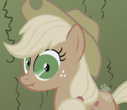 Size: 680x591 | Tagged: safe, edit, applejack, g4, female, hub logo, liar face, liarjack, looking at you, scrunchy face, solo