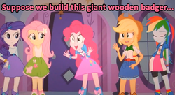 Size: 631x344 | Tagged: safe, edit, edited screencap, screencap, applejack, fluttershy, pinkie pie, rainbow dash, rarity, equestria girls, g4, my little pony equestria girls, image macro, meme, monty python, monty python and the holy grail, pink text, pinkie has a crazy idea, pinkie python