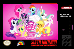 Size: 977x657 | Tagged: safe, applejack, fluttershy, pinkie pie, princess celestia, rainbow dash, rarity, spike, twilight sparkle, g4, game, ljn, mane seven, mane six, nintendo, nintendo seal of quality, rainbow, rainbow of death, super nintendo, video game