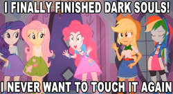 Size: 631x344 | Tagged: safe, edit, edited screencap, screencap, applejack, fluttershy, pinkie pie, rainbow dash, rarity, equestria girls, g4, my little pony equestria girls, caption, dark souls, image macro, meme, pinkie has a crazy idea, text