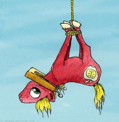 Size: 640x656 | Tagged: safe, artist:el-yeguero, big macintosh, earth pony, pony, g4, hogtied, male, pun, rope, stallion, suspended, upside down, visual pun