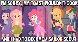 Size: 631x344 | Tagged: safe, edit, edited screencap, screencap, applejack, fluttershy, pinkie pie, rainbow dash, rarity, equestria girls, g4, my little pony equestria girls, image macro, meme, pinkie has a crazy idea, two best friends play