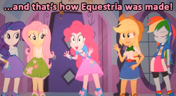 Size: 631x344 | Tagged: safe, edit, edited screencap, screencap, applejack, fluttershy, pinkie pie, rainbow dash, rarity, equestria girls, g4, my little pony equestria girls, and that's how equestria was made, image macro, meme, pink text, pinkie has a crazy idea