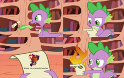 Size: 1200x755 | Tagged: safe, spike, g4, burp, dragon mail, dragonfire, exploitable meme, fire, fire breath, golden oaks library, green fire, letter to spike, meme, ripto, scroll, spyro 2: ripto's rage!, spyro the dragon (series)