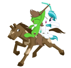 Size: 916x873 | Tagged: safe, artist:equestria-prevails, oc, oc only, oc:brilliance, oc:grass block, crystal pony, earth pony, horse, pony, crystal pony oc, diamond pickaxe, female, horse-pony interaction, mare, minecraft, pickaxe, ponies riding horses, riding, simple background, transparent background