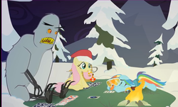 Size: 580x351 | Tagged: safe, artist:yudhaikeledai, fluttershy, rainbow dash, yeti, g4, card, skifree, youtube link