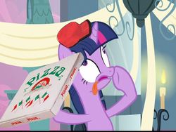 Size: 1024x768 | Tagged: safe, edit, edited screencap, screencap, twilight sparkle, a canterlot wedding, g4, derp, female, pizza, pizza delivery, solo, twilight snapple