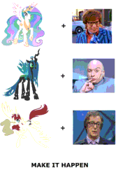 Size: 1432x2113 | Tagged: safe, princess celestia, queen chrysalis, oc, oc:fausticorn, human, g4, austin danger powers, austin powers, austin powers in goldmember, dr. evil, exploitable meme, gif, glasses, irl, irl human, make it happen, meme, michael caine, mike myers, nigel powers, non-animated gif, pencil, photo, scroll