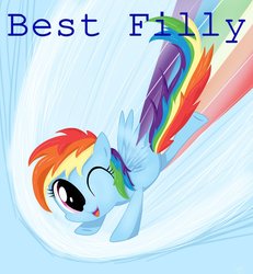 Size: 1024x1109 | Tagged: safe, artist:artoftheghostie, rainbow dash, g4, female, filly, filly rainbow dash, flying, solo, sonic rainboom, wink