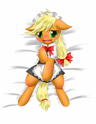 Size: 770x1000 | Tagged: safe, artist:hashioaryut, applejack, earth pony, pony, g4, apron, blushing, bow, clothes, ears back, embarrassed, female, floppy ears, maid, maidjack, mare, on back, pixiv, solo