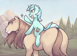 Size: 780x566 | Tagged: dead source, safe, artist:soulspade, lyra heartstrings, horse, pony, unicorn, g4, annoyed, butt, female, frown, glare, horse-pony interaction, looking back, mare, open mouth, plot, pointing, ponies riding horses, ponies riding ponies, riding, sweat, sweatdrop, underhoof