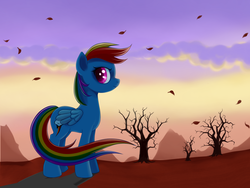 Size: 1600x1200 | Tagged: safe, artist:rainbow, rainbow dash, pegasus, pony, g4, autumn, bare tree, cloud, female, glowing, glowing eyes, leaf, mountain, solo, tree