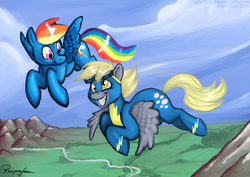 Size: 1019x720 | Tagged: safe, artist:reaperfox, derpy hooves, rainbow dash, pegasus, pony, g4, female, flying, mare, wonderbolts uniform