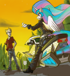 Size: 860x929 | Tagged: safe, artist:theartrix, princess celestia, human, anthro, g4, beckoning, biker, biker princess from equestria, boots, clothes, high heel boots, hoverbike, jacket, jeans, leather jacket, pants, shoes