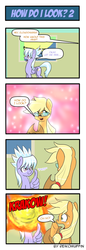 Size: 525x1523 | Tagged: safe, artist:reikomuffin, applejack, cloudchaser, earth pony, pegasus, pony, g4, comic, decapitation, exploding head, explosion, female, funny, glasses, implied lesbian, mare, oh no not again, thumbs up, wing hands