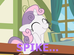 Size: 1040x769 | Tagged: safe, sweetie belle, g4, crush, female, male, ship:spikebelle, shipping, solo, straight