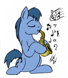 Size: 867x990 | Tagged: safe, artist:tateshaw, blues, noteworthy, g4, male, music, musical instrument, saxophone, solo