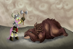 Size: 1772x1190 | Tagged: safe, artist:shiv3ry, fluttershy, bear, armor, axe, duo, flutterbadass, viking