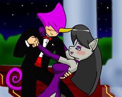 Size: 1589x1268 | Tagged: safe, artist:sonigoku, octavia melody, anthro, g4, blushing, clothes, commission, crossover, crossover shipping, dress, espio the chameleon, esptavia, female, male, shipping, sonic the hedgehog (series), straight, tuxedo