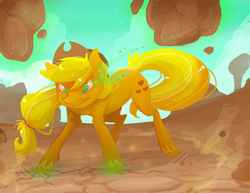 Size: 900x695 | Tagged: safe, artist:ellamred, applejack, g4, action pose, earth pony magic, female, glowing eyes, magic, solo