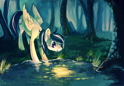Size: 3115x2152 | Tagged: safe, artist:graypaint, oc, oc only, oc:moonlight flare, dark, forest, glowing, pond, solo, water