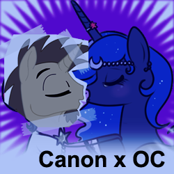 Size: 250x250 | Tagged: safe, artist:lulubell, princess luna, twilight sparkle, oc, pony, unicorn, derpibooru, g4, beard, blushing, canon x oc, eyes closed, kissing, male, meta, shipping, spoilered image joke, stallion, straight, tape