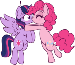 Size: 449x387 | Tagged: safe, artist:lulubell, pinkie pie, twilight sparkle, alicorn, earth pony, pony, g4, blushing, duo, exclamation point, female, kiss on the lips, kissing, lesbian, mare, ship:twinkie, shipping, simple background, surprise kiss, transparent background, twilight sparkle (alicorn)