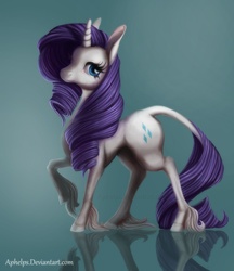 Size: 900x1042 | Tagged: safe, artist:aphelps, rarity, classical unicorn, g4, female, horn, leonine tail, reflection, solo