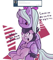 Size: 1200x1352 | Tagged: safe, artist:cosmonaut, artist:rustydooks, flitter, rumble, pegasus, pony, lets ask rumble, g4, ask, colt, female, foal, heartwarming, hug, male, mare, ship:flitterumble, shipping, straight, tumblr