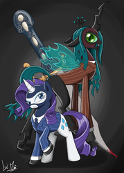 Size: 850x1184 | Tagged: dead source, safe, artist:chocolatechilla, queen chrysalis, rarity, changeling, changeling queen, pony, unicorn, g4, blood, clothes, female, knife, mare, spy, spy (tf2), team fortress 2, your eternal reward