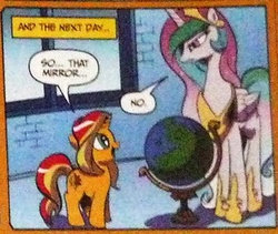 Size: 352x297 | Tagged: safe, idw, official comic, princess celestia, sunset shimmer, alicorn, pony, unicorn, g4, spoiler:comic, spoiler:comicannual2013, duo, globe, no