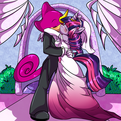 Size: 2000x2000 | Tagged: dead source, safe, artist:moneychan, twilight sparkle, anthro, g4, blushing, clothes, commission, crossover, crossover shipping, dress, duo, espio the chameleon, female, hug, interspecies, kissing, love, male, shipping, sonic the hedgehog (series), straight, tuxedo, wedding, wedding dress