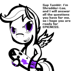 Size: 349x342 | Tagged: safe, artist:shadesofeverfree, scootaloo, ask shredder-loo, g4, ask, female, skateboard, solo, tumblr