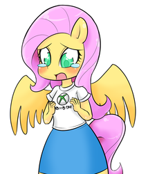 Size: 1200x1323 | Tagged: safe, artist:basketgardevoir, fluttershy, pegasus, anthro, g4, ambiguous facial structure, breast envy, breasts, clothes, crying, delicious flat chest, female, flattershy, open mouth, simple background, solo, white background