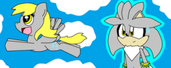 Size: 2218x888 | Tagged: safe, artist:silverfan95, derpy hooves, pegasus, pony, g4, cloud, cloudy, crossover, female, flying, male, mare, ms paint, silver the hedgehog, sonic the hedgehog, sonic the hedgehog (series)