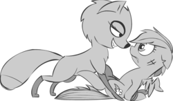 Size: 939x550 | Tagged: safe, artist:lazy, oc, oc only, fox, pegasus, pony, bondage, canon x oc, female, interspecies, mare, monochrome, scar, this will end in tears