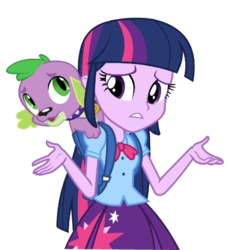 Size: 395x434 | Tagged: safe, spike, twilight sparkle, equestria girls, g4, dash for the crown, equestria girls prototype, game, shrug